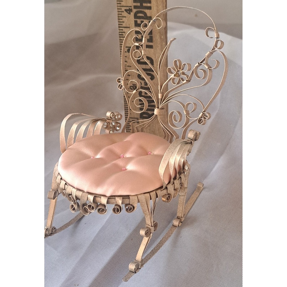 Folk Art Chair Soda Pop Tin Can Pin Cushion Scroll Quill Work Doll Chair - Picture 7 of 8